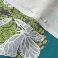 butterflies on lace and poppies in teal