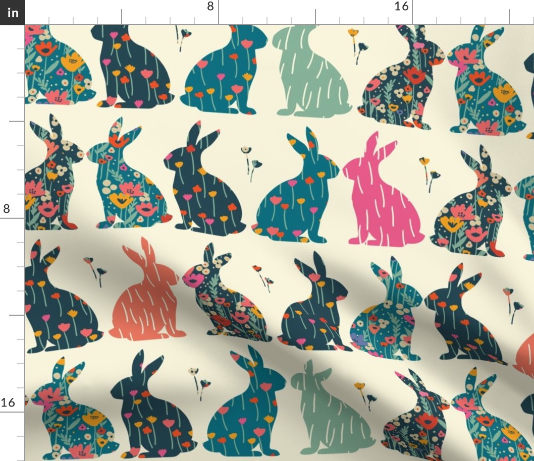 ( large ) Rabbit, floral pattern, bunnies, meadow