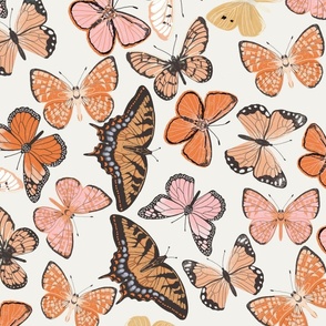 JUMBO boho butterfly fabric - beautiful feminine swallowtail monarch butterflies - white