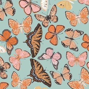 JUMBO boho butterfly fabric - beautiful feminine swallowtail monarch butterflies - mint