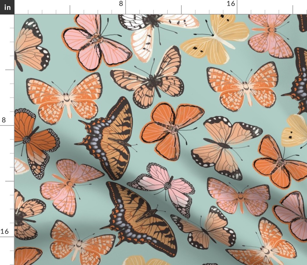 JUMBO boho butterfly fabric - beautiful feminine swallowtail monarch butterflies - mint