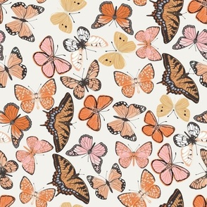 LARGE boho butterfly fabric - beautiful feminine swallowtail monarch butterflies - white