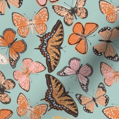 LARGE boho butterfly fabric - beautiful feminine swallowtail monarch butterflies - mint