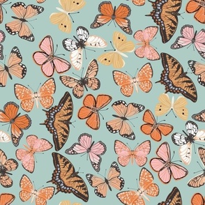 LARGE boho butterfly fabric - beautiful feminine swallowtail monarch butterflies - mint