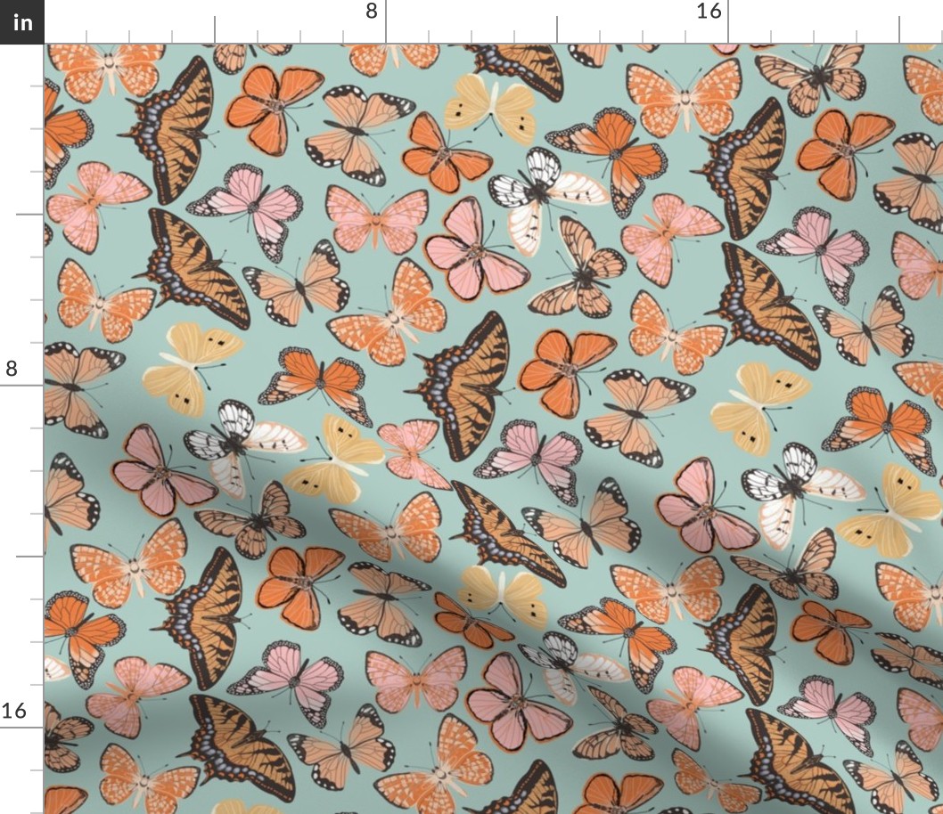 LARGE boho butterfly fabric - beautiful feminine swallowtail monarch butterflies - mint