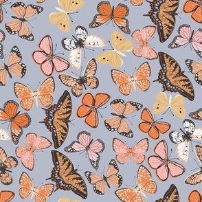 LARGE boho butterfly fabric - beautiful feminine swallowtail monarch butterflies - dusty blue