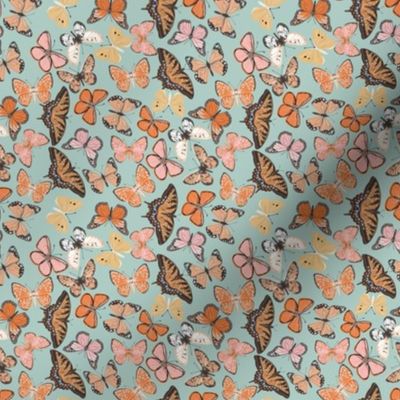 SMALL boho butterfly fabric - beautiful feminine swallowtail monarch butterflies - mint
