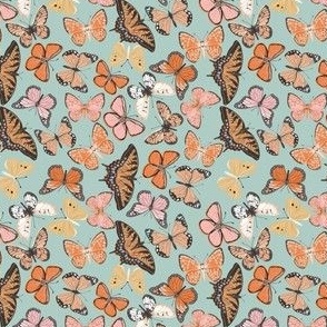 SMALL boho butterfly fabric - beautiful feminine swallowtail monarch butterflies - mint