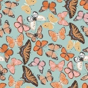 MED boho butterfly fabric - beautiful feminine swallowtail monarch butterflies - mint