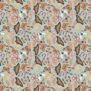 TINY boho butterfly fabric - beautiful feminine swallowtail monarch butterflies - mint