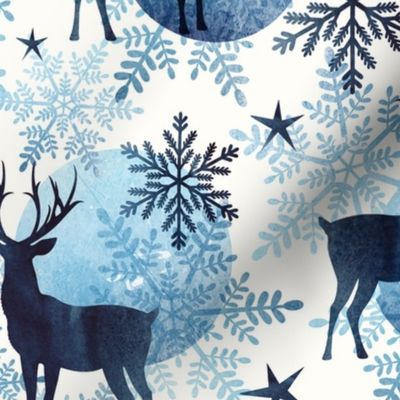 Winter, Stag, antlers, snowflakes