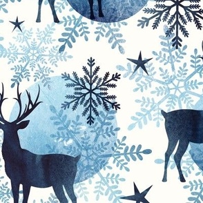 Winter, Stag, antlers, snowflakes