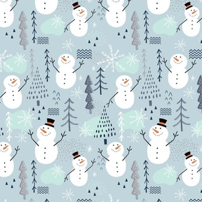 Large Christmas Snowman with Trees and Snowflakes on Icy Mint Blue