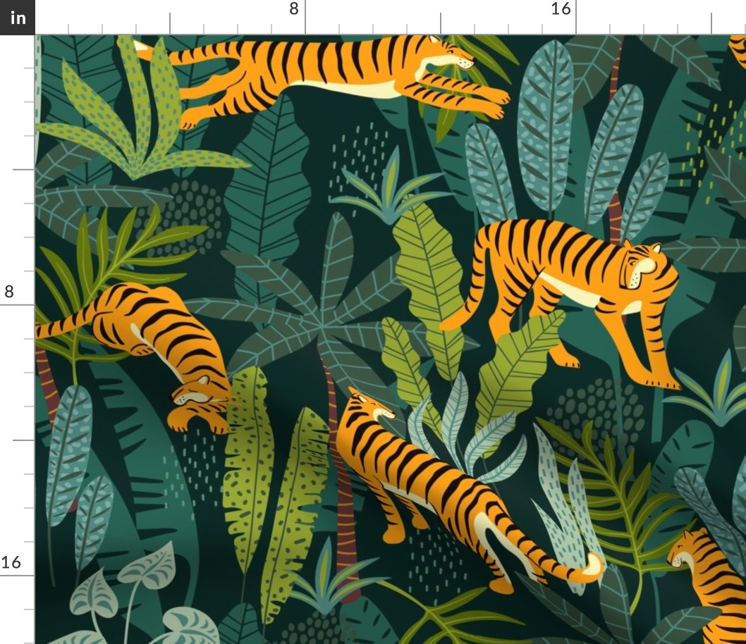 Tiger Dancing in the Jungle on Custom Green Background