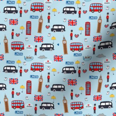 Small London England Handdrawn Motifs Big Ben, Union Jack, Palace Guard, Teatime, Brollies on Blue