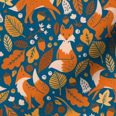 Autumn Foxes on Blue