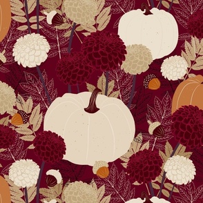 Autumn Botanical Pumpkin and Dahlias Burgundy