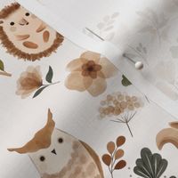 boho nursery woodland animals - fox, owl, squirrel, hedgehog - in muted neutral brown and forest green