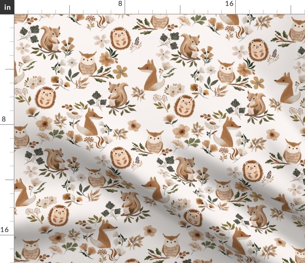 boho nursery woodland animals - fox, owl, squirrel, hedgehog - in muted neutral brown and forest green