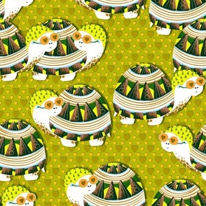 Yellow-green turtles in swimming caps on a background of yellow-green hearts