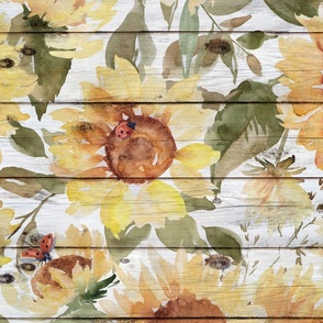 Watercolor Sunflowers and Ladybird on Shiplap - extra large scale