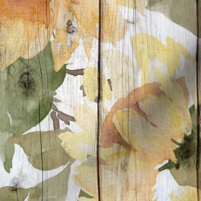 Watercolor Sunflowers and Ladybird on Shiplap rotated - extra large scale.