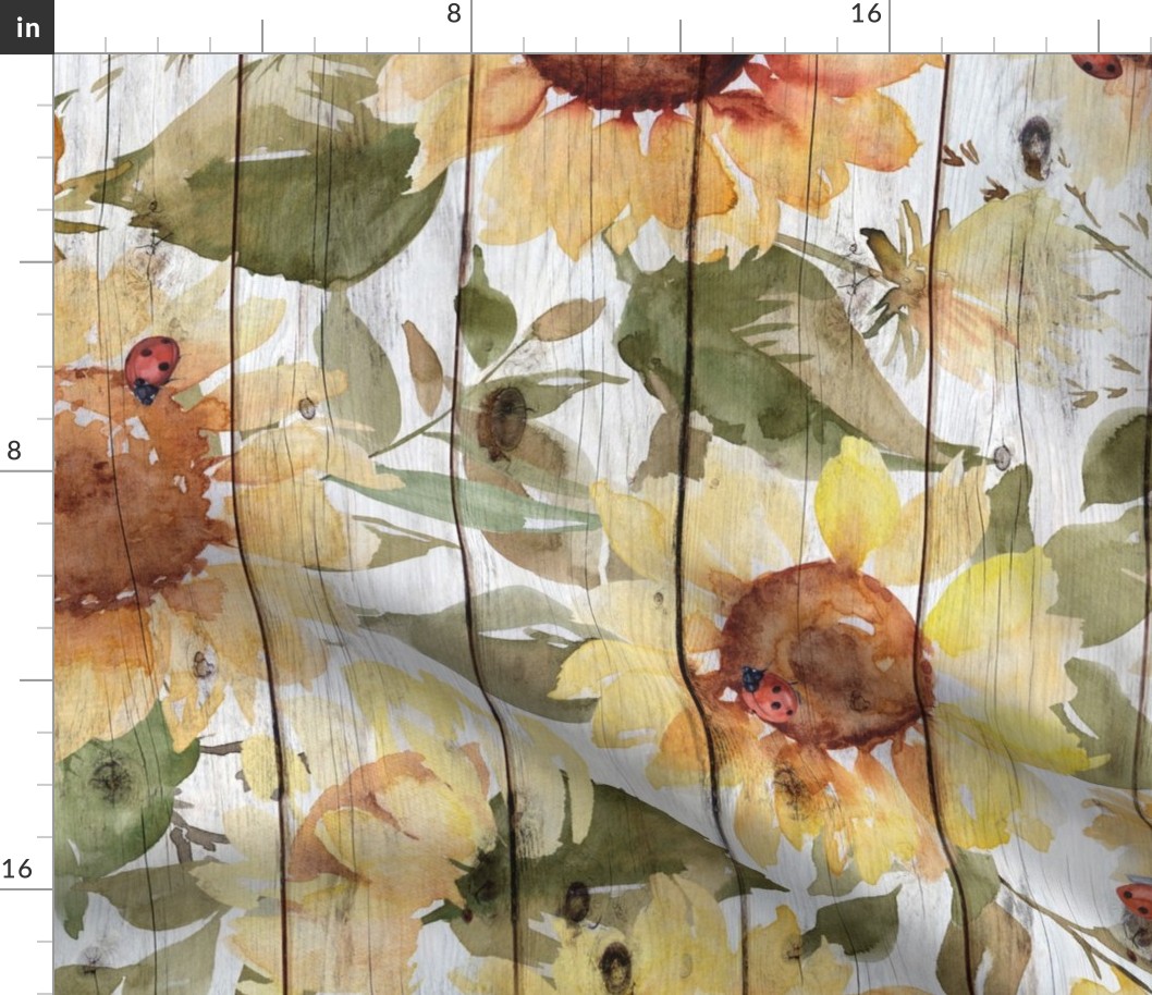Watercolor Sunflowers and Ladybird on Shiplap rotated - extra large scale.