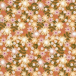 549 - Small Medium scale Grungy bold florals in soft muted mustard, peach, olive green and mauve - for women's apparel, sophisticated wallpaper, curtains, duvet covers and elegant table cloths