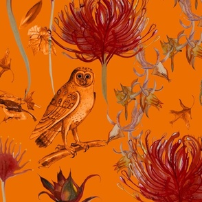 Autumn owls and creatures. Bright cadmium orange 