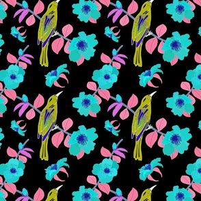 Camellias (aqua blue) & Bird Chinoiserie #1 (allover) - black, medium