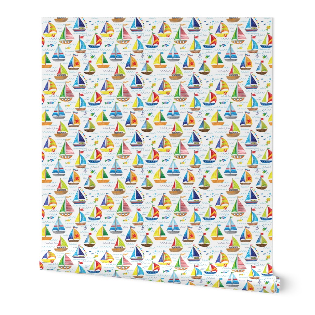 hand drawn sailboat ocean summer doodle pattern super small 3in.