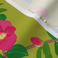 Camellias & Bird Chinoiserie #1 (allover) - chartreuse, medium