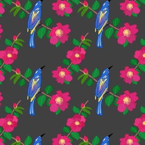 Camellias & Bird Chinoiserie #1 - charcoal grey, medium