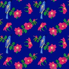 Camellias & Bird Chinoiserie #2 (allover) - cobalt blue, medium