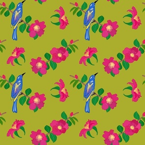 Camellias & Bird Chinoiserie #2 (allover) - chartreuse, medium