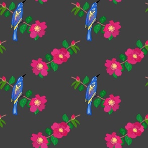 Camellias & Bird Chinoiserie #2 - charcoal grey, medium