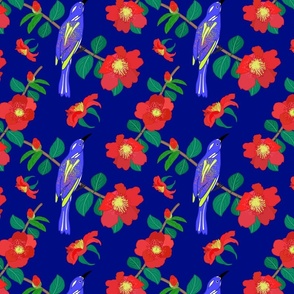 Camellias (red) & Bird Chinoiserie #1 (allover) - cobalt blue, medium