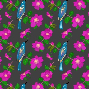 Camellias (magenta) & Bird Chinoiserie #1 (allover) - charcoal grey, medium