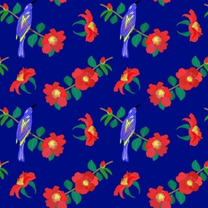 Camellias (red) & Bird Chinoiserie #2 (allover) - cobalt blue, medium