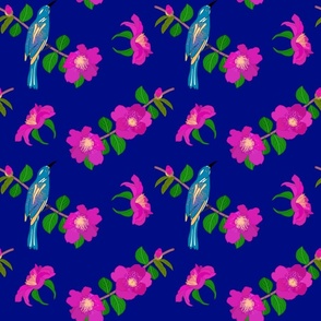 Camellias (magenta) & Bird Chinoiserie #2 (allover) - cobalt blue, medium