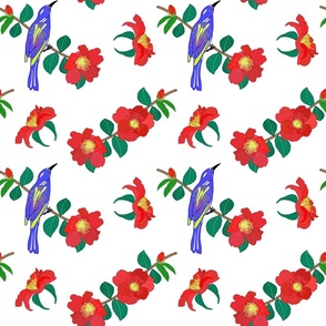 Camellias (red) & Bird Chinoiserie #2 (allover) - white, medium