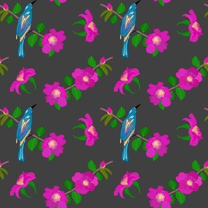 Camellias (magenta) & Bird Chinoiserie #2 (allover) - charcoal grey, medium