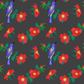 Camellias (red) & Bird Chinoiserie #2 (allover) - charcoal grey, medium