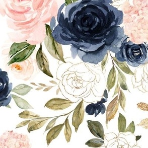Large / Blush, Navy and Gold Watercolor Florals
