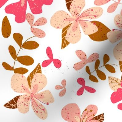 Jumbo Tropical Pink and Brown Hibiscus Floral Repeat on White