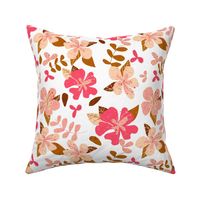 Jumbo Tropical Pink and Brown Hibiscus Floral Repeat on White