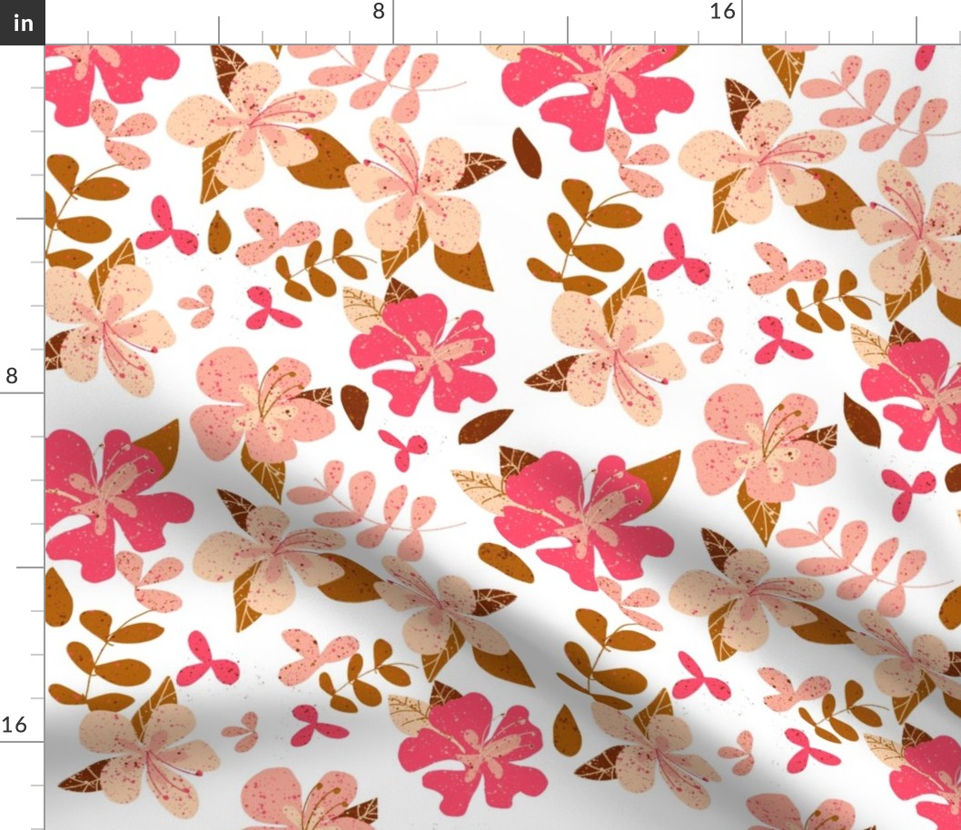 Jumbo Tropical Pink and Brown Hibiscus Floral Repeat on White