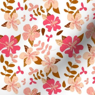Tropical Pink and Brown Hibiscus Floral Repeat on White