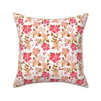 Tropical Pink and Brown Hibiscus Floral Repeat on White