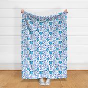 Jumbo Tropical Blue and Indigo Hibiscus Floral Repeat on White
